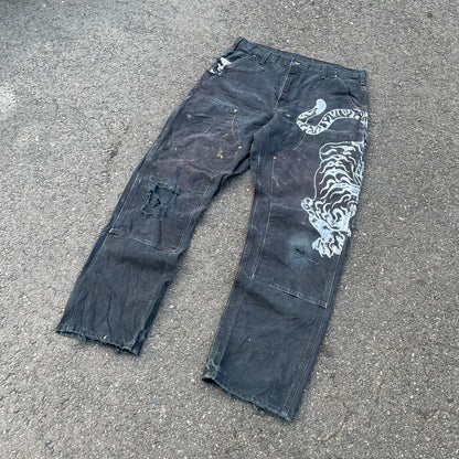Custom Carhartt Double Knee Black Pants – Vintage Workwear with Tiger Print | 90s Distressed 1 of 1