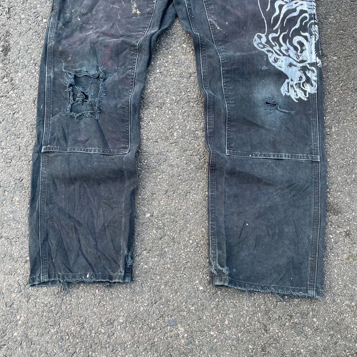 Custom Carhartt Double Knee Black Pants – Vintage Workwear with Tiger Print | 90s Distressed 1 of 1