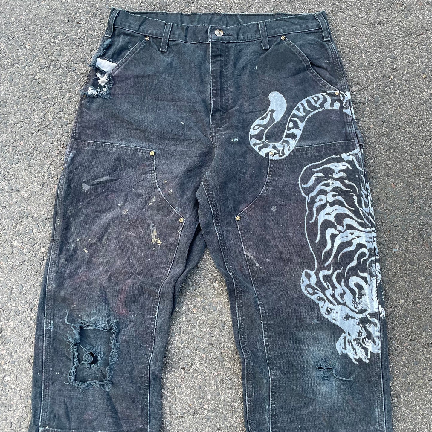 Custom Carhartt Double Knee Black Pants – Vintage Workwear with Tiger Print | 90s Distressed 1 of 1