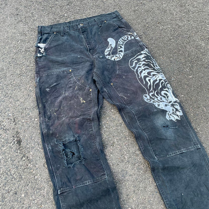 Custom Carhartt Double Knee Black Pants – Vintage Workwear with Tiger Print | 90s Distressed 1 of 1