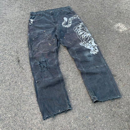 Custom Carhartt Double Knee Black Pants – Vintage Workwear with Tiger Print | 90s Distressed 1 of 1