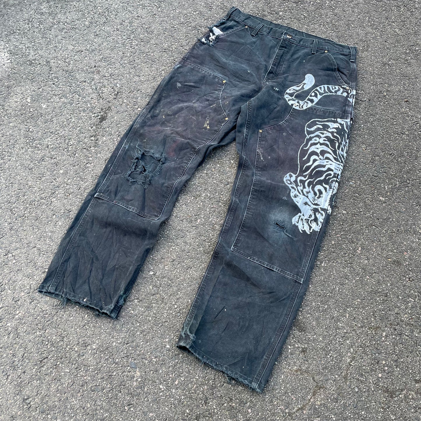 Custom Carhartt Double Knee Black Pants – Vintage Workwear with Tiger Print | 90s Distressed 1 of 1