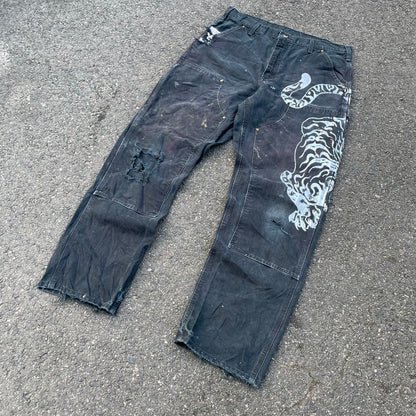Custom Carhartt Double Knee Black Pants – Vintage Workwear with Tiger Print | 90s Distressed 1 of 1