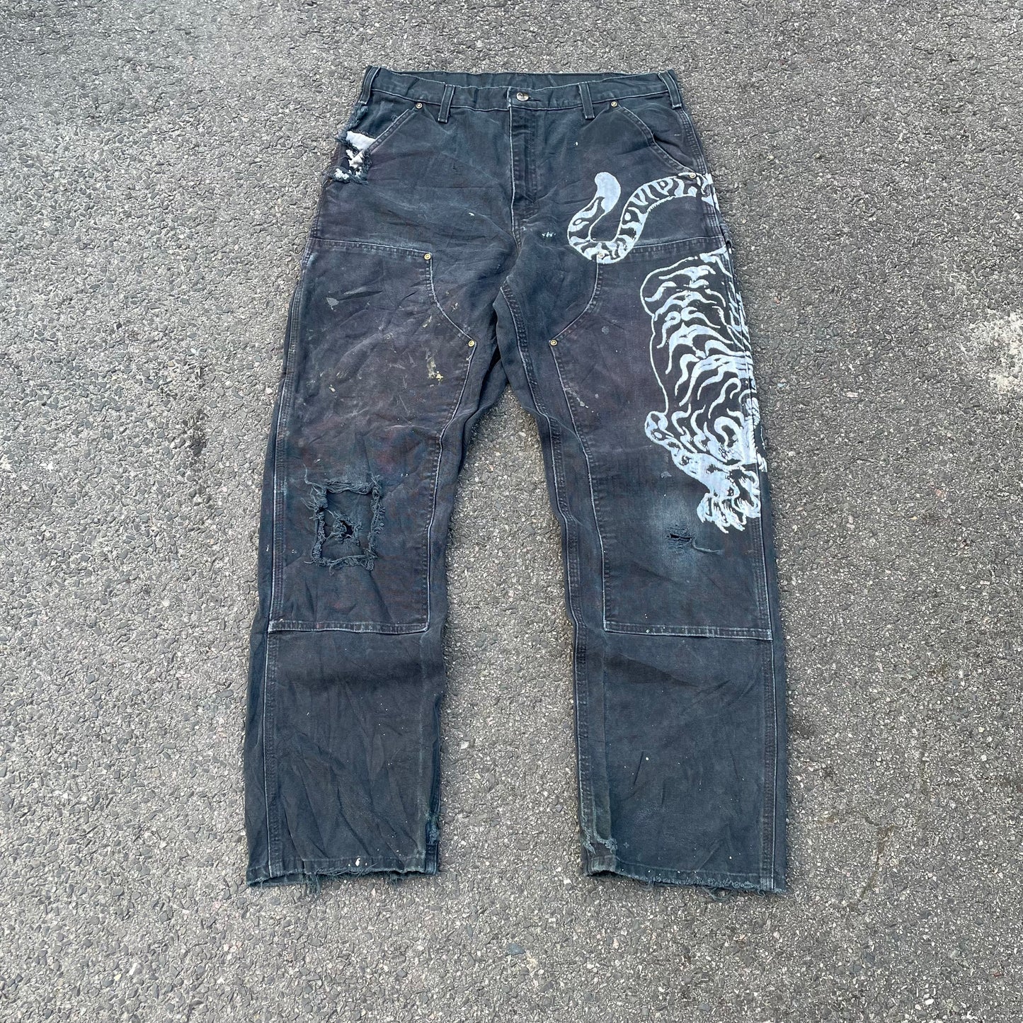 Custom Carhartt Double Knee Black Pants – Vintage Workwear with Tiger Print | 90s Distressed 1 of 1