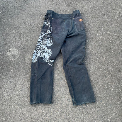 Custom Carhartt Double Knee Black Pants – Vintage Workwear with Tiger Print | 90s Distressed 1 of 1