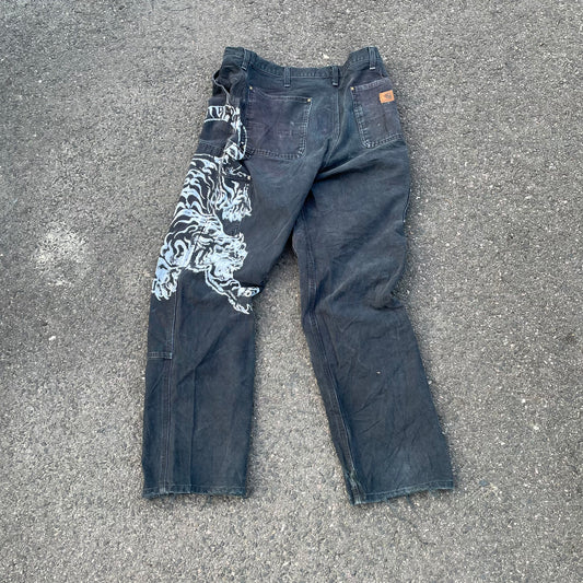 Custom Carhartt Double Knee Black Pants – Vintage Workwear with Tiger Print | 90s Distressed 1 of 1