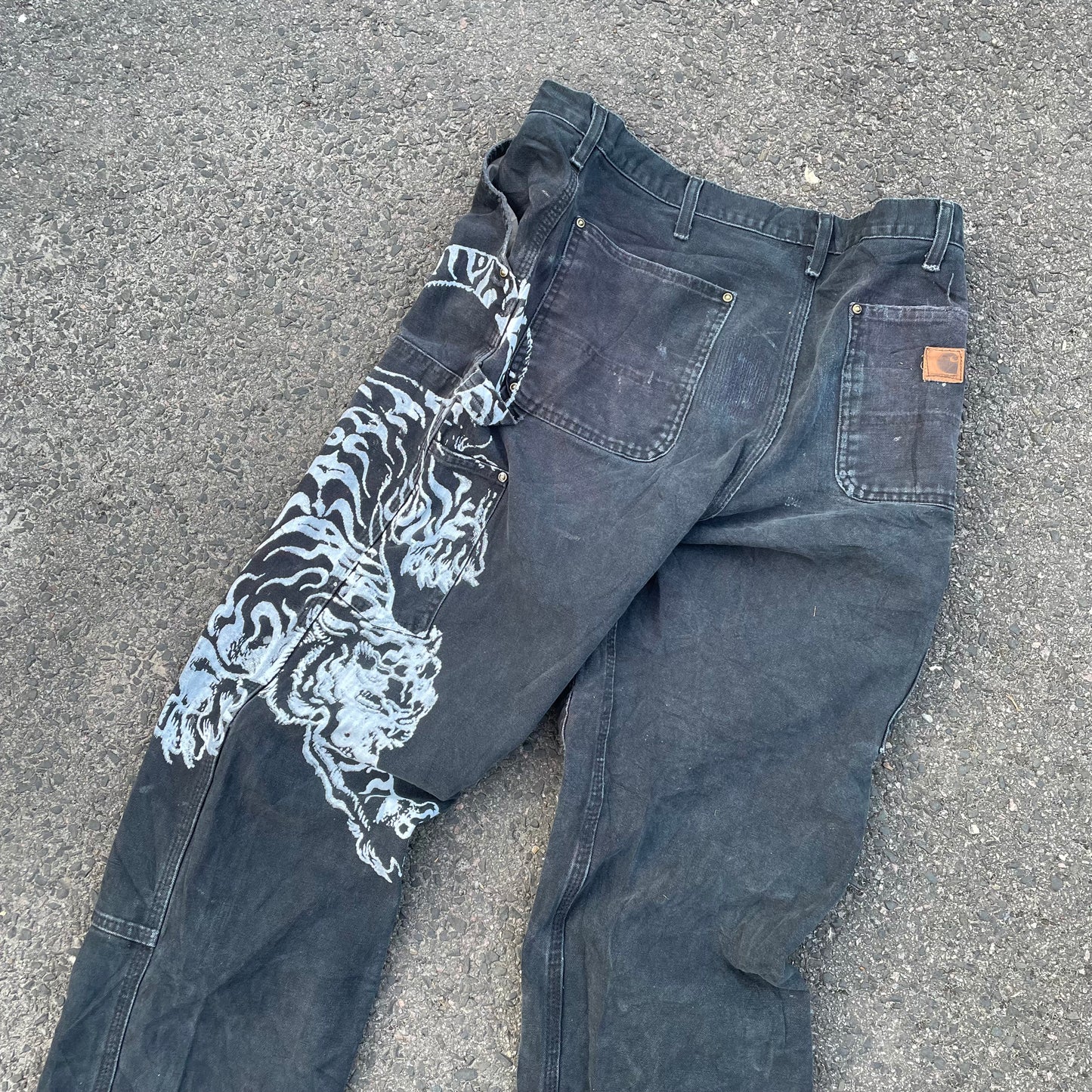 Custom Carhartt Double Knee Black Pants – Vintage Workwear with Tiger Print | 90s Distressed 1 of 1