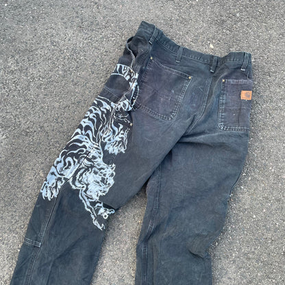 Custom Carhartt Double Knee Black Pants – Vintage Workwear with Tiger Print | 90s Distressed 1 of 1