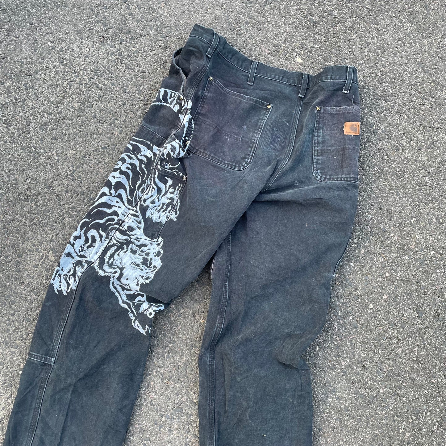 Custom Carhartt Double Knee Black Pants – Vintage Workwear with Tiger Print | 90s Distressed 1 of 1