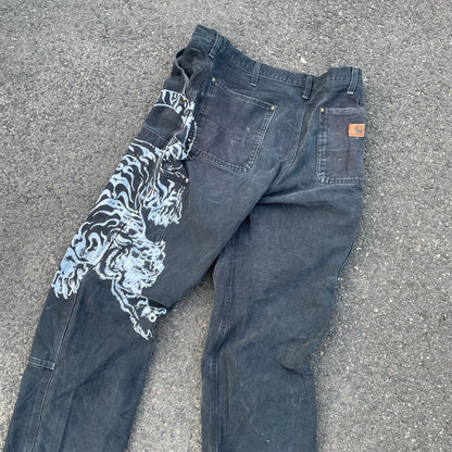 Custom Carhartt Double Knee Black Pants – Vintage Workwear with Tiger Print | 90s Distressed 1 of 1