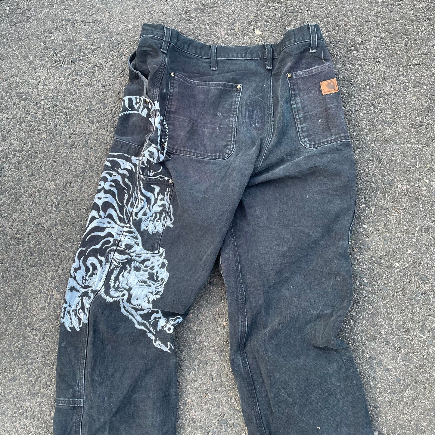 Custom Carhartt Double Knee Black Pants – Vintage Workwear with Tiger Print | 90s Distressed 1 of 1