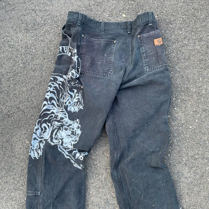 Custom Carhartt Double Knee Black Pants – Vintage Workwear with Tiger Print | 90s Distressed 1 of 1