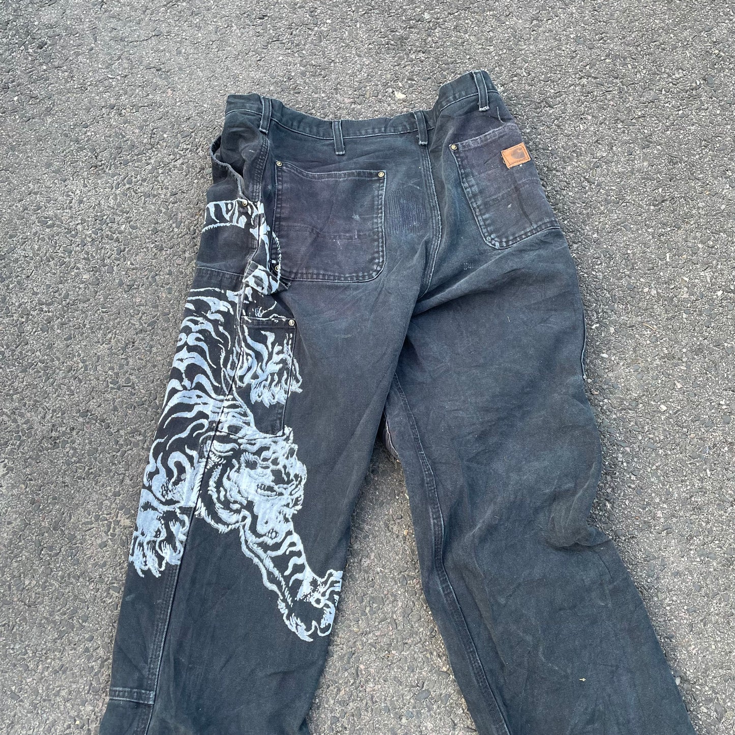 Custom Carhartt Double Knee Black Pants – Vintage Workwear with Tiger Print | 90s Distressed 1 of 1
