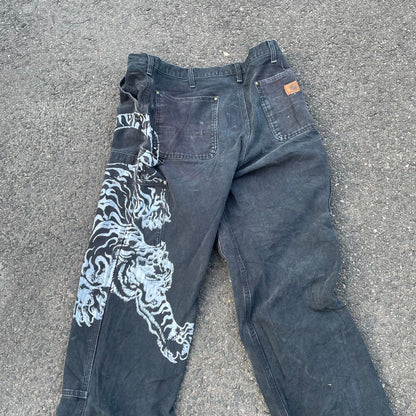 Custom Carhartt Double Knee Black Pants – Vintage Workwear with Tiger Print | 90s Distressed 1 of 1