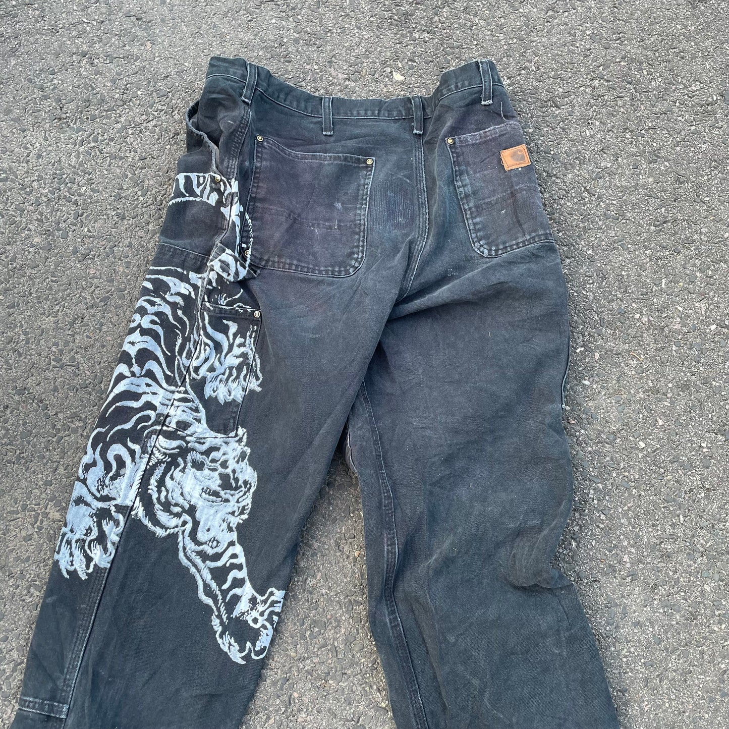 Custom Carhartt Double Knee Black Pants – Vintage Workwear with Tiger Print | 90s Distressed 1 of 1