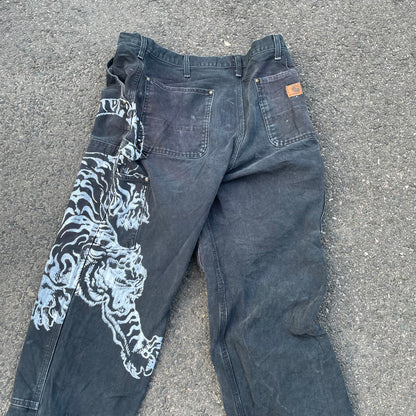 Custom Carhartt Double Knee Black Pants – Vintage Workwear with Tiger Print | 90s Distressed 1 of 1