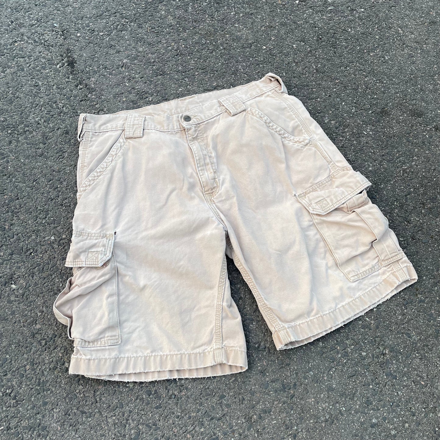 Custom Carhartt Cargo Shorts – Beige Canvas with Back Skeleton Print | Vintage Workwear 1 of 1