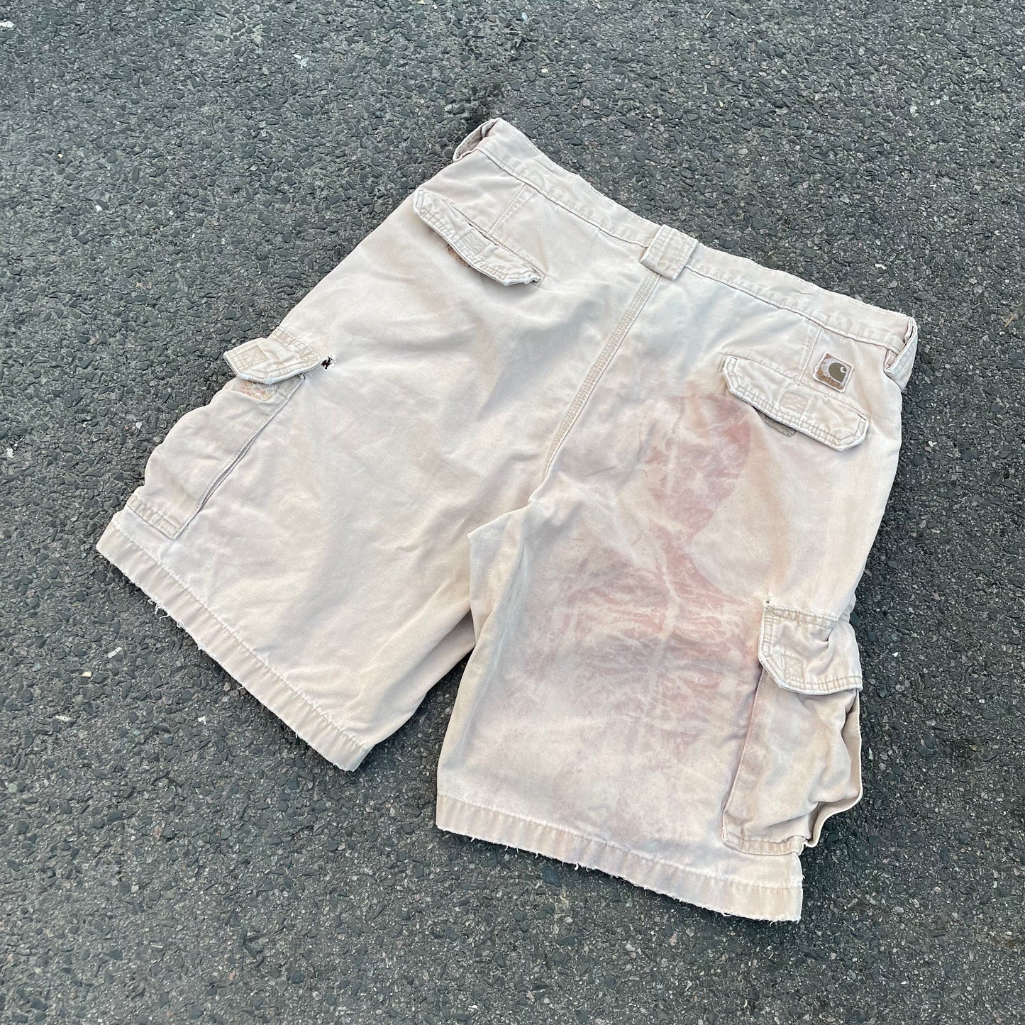 Custom Carhartt Cargo Shorts – Beige Canvas with Back Skeleton Print | Vintage Workwear 1 of 1