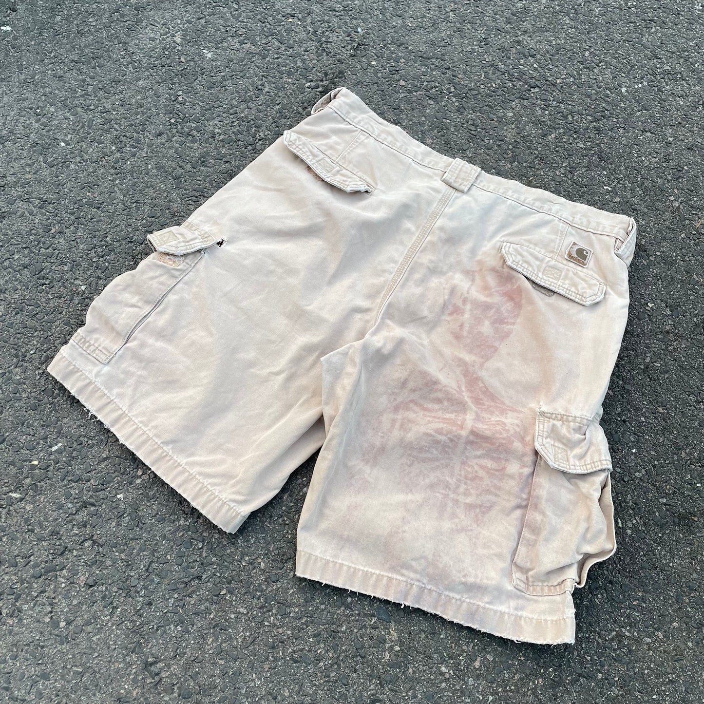 Custom Carhartt Cargo Shorts – Beige Canvas with Back Skeleton Print | Vintage Workwear 1 of 1