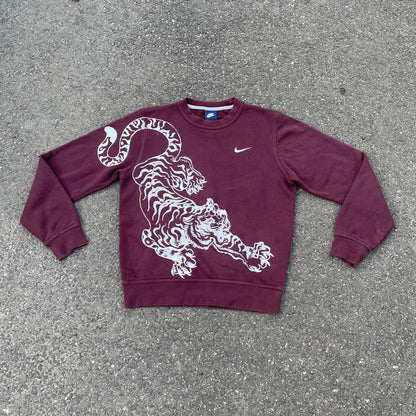 Custom Nike Tiger Graphic Sweatshirt – Dark Red (Burgundy) with White Print | Reworked