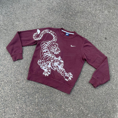 Custom Nike Tiger Graphic Sweatshirt – Dark Red (Burgundy) with White Print | Reworked