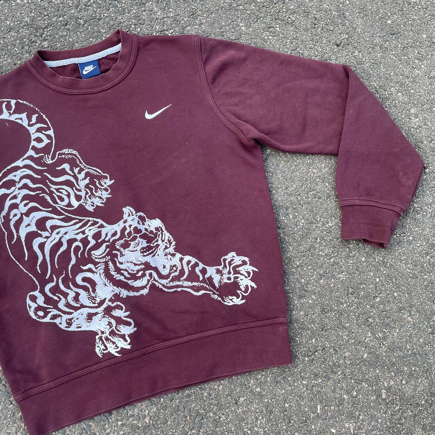 Custom Nike Tiger Graphic Sweatshirt – Dark Red (Burgundy) with White Print | Reworked