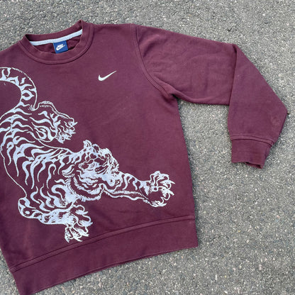 Custom Nike Tiger Graphic Sweatshirt – Dark Red (Burgundy) with White Print | Reworked