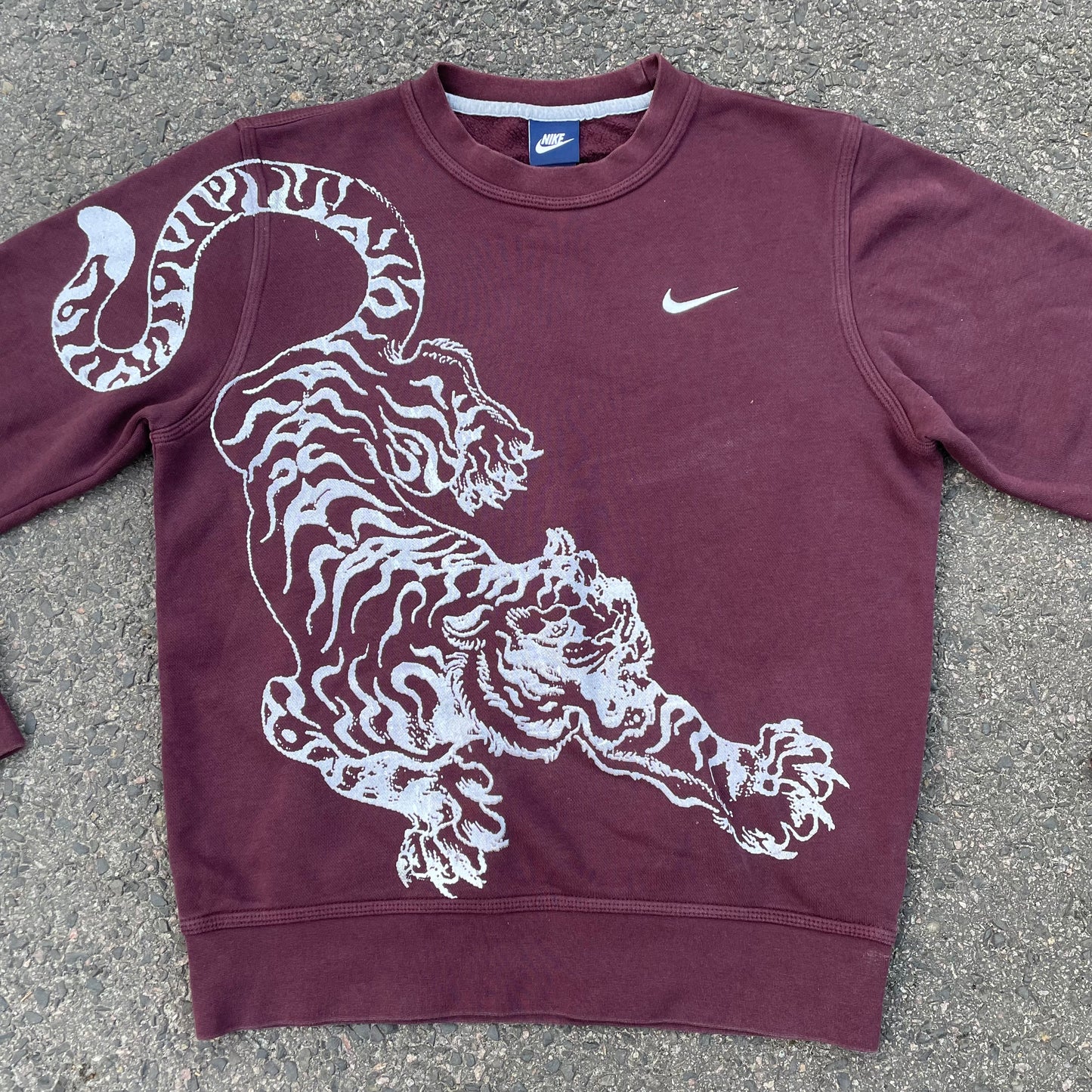 Custom Nike Tiger Graphic Sweatshirt – Dark Red (Burgundy) with White Print | Reworked
