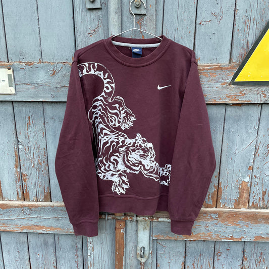 Custom Nike Tiger Graphic Sweatshirt – Dark Red (Burgundy) with White Print | Reworked