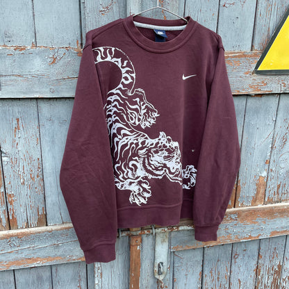 Custom Nike Tiger Graphic Sweatshirt – Dark Red (Burgundy) with White Print | Reworked