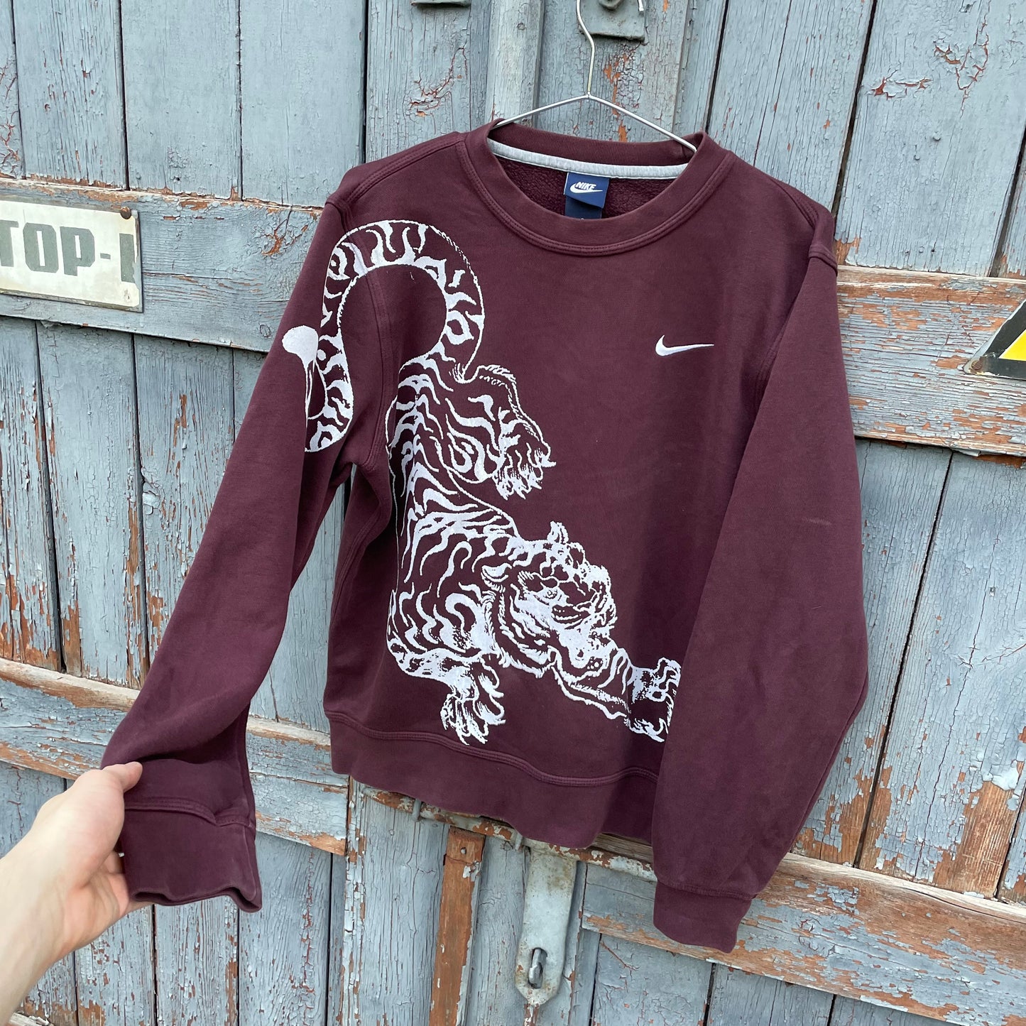 Custom Nike Tiger Graphic Sweatshirt – Dark Red (Burgundy) with White Print | Reworked
