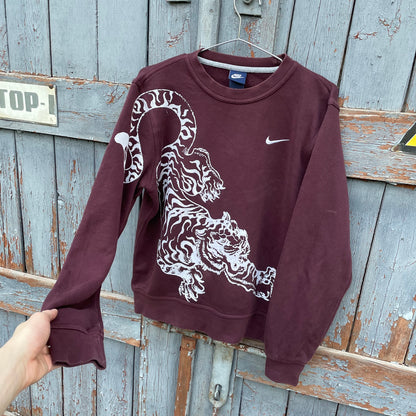 Custom Nike Tiger Graphic Sweatshirt – Dark Red (Burgundy) with White Print | Reworked
