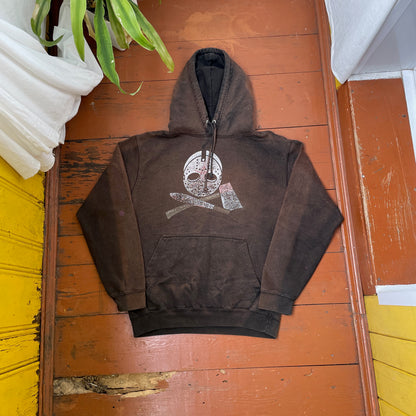 Custom Horror Mask Hoodie – Bleached Black with Skull & Axe Print | Handcrafted Distressed Hoodie