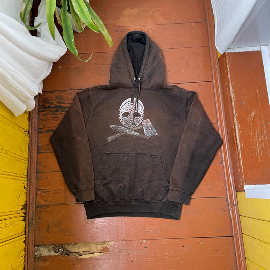 Custom Horror Mask Hoodie – Bleached Black with Skull & Axe Print | Handcrafted Distressed Hoodie