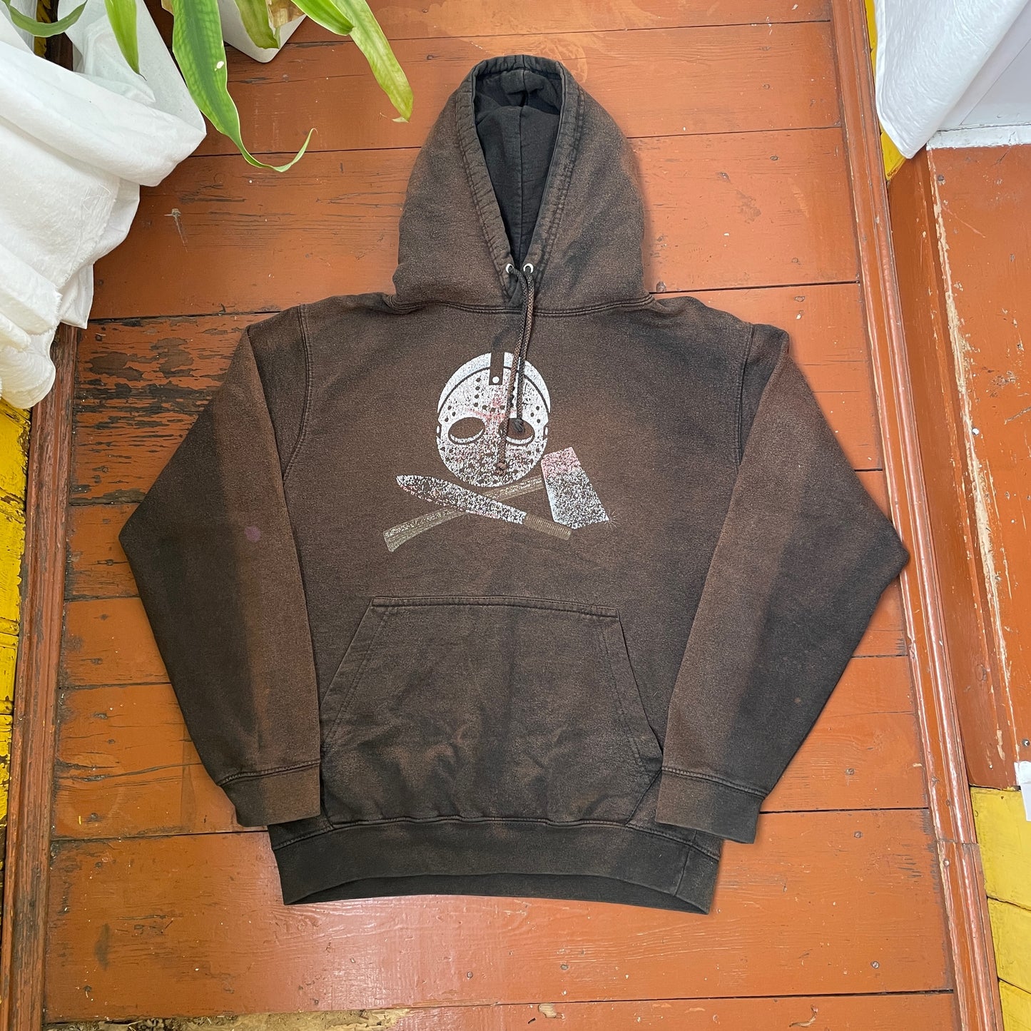 Custom Horror Mask Hoodie – Bleached Black with Skull & Axe Print | Handcrafted Distressed Hoodie