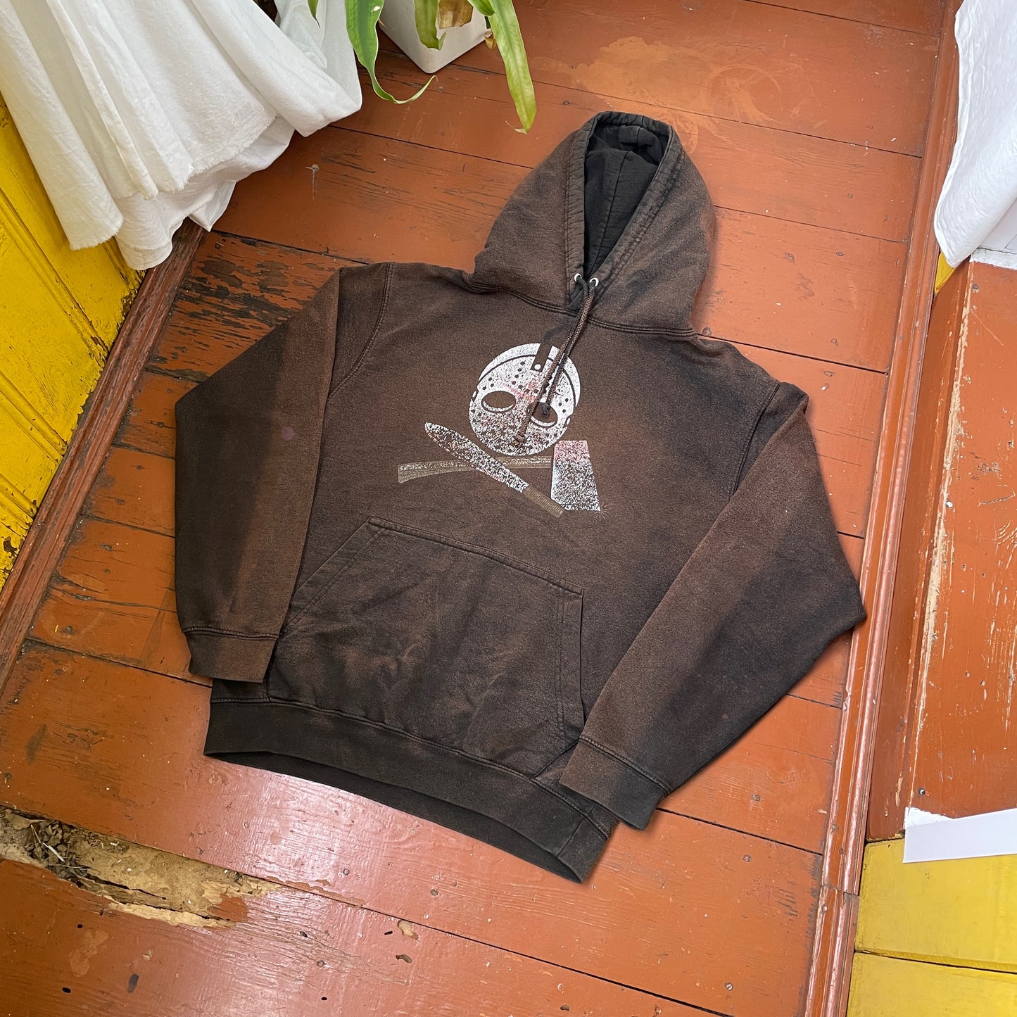 Custom Horror Mask Hoodie – Bleached Black with Skull & Axe Print | Handcrafted Distressed Hoodie