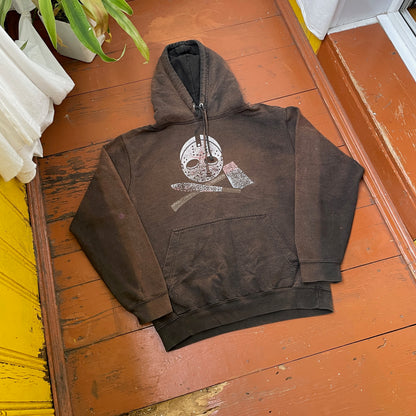 Custom Horror Mask Hoodie – Bleached Black with Skull & Axe Print | Handcrafted Distressed Hoodie