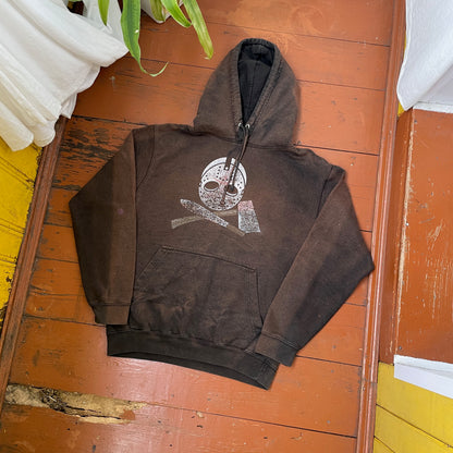 Custom Horror Mask Hoodie – Bleached Black with Skull & Axe Print | Handcrafted Distressed Hoodie