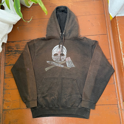 Custom Horror Mask Hoodie – Bleached Black with Skull & Axe Print | Handcrafted Distressed Hoodie