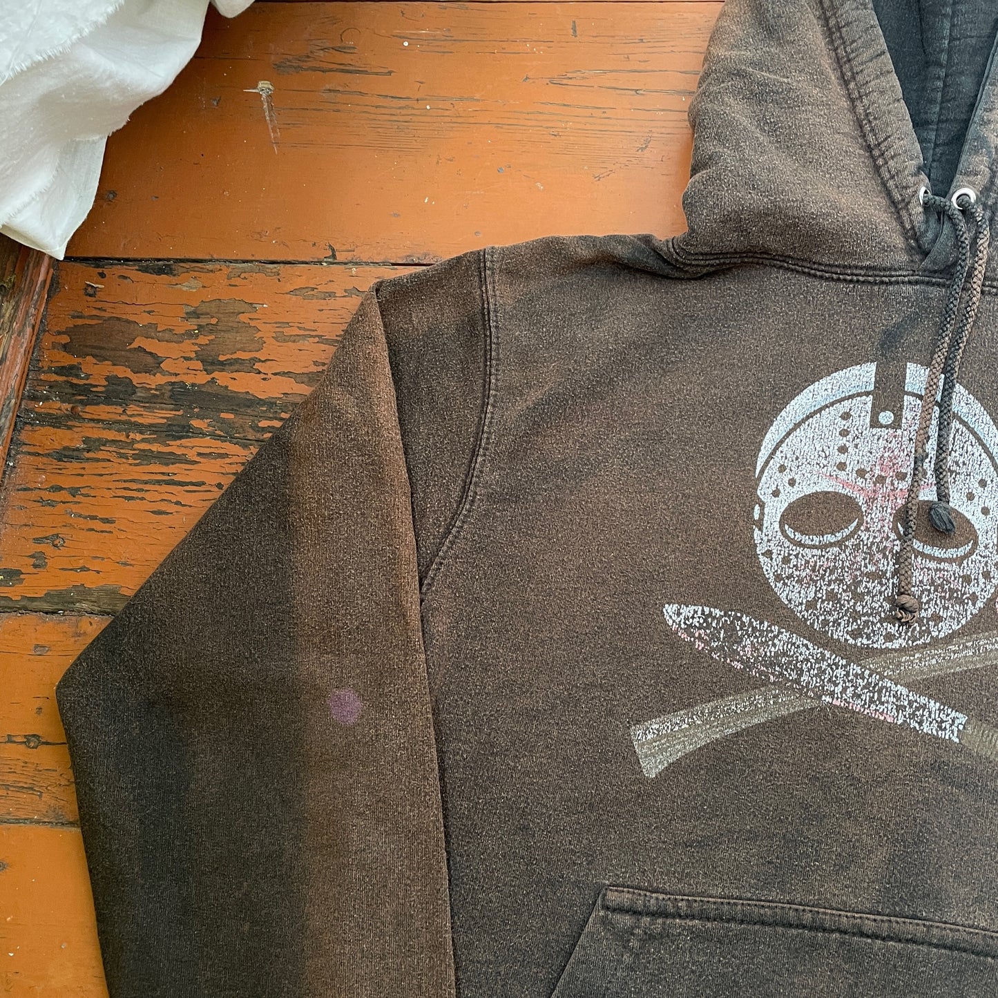 Custom Horror Mask Hoodie – Bleached Black with Skull & Axe Print | Handcrafted Distressed Hoodie