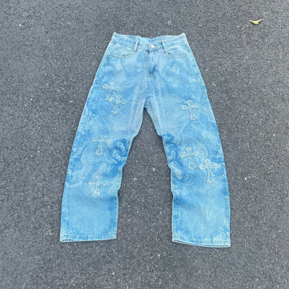 Custom Bohemian Cross Denim Pants – Blue with Patchwork/Prints | 1 of 1 Reworked Vintage