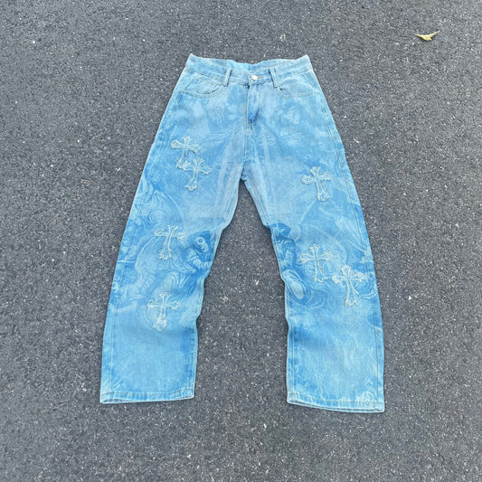 Custom Bohemian Cross Denim Pants – Blue with Patchwork/Prints | 1 of 1 Reworked Vintage