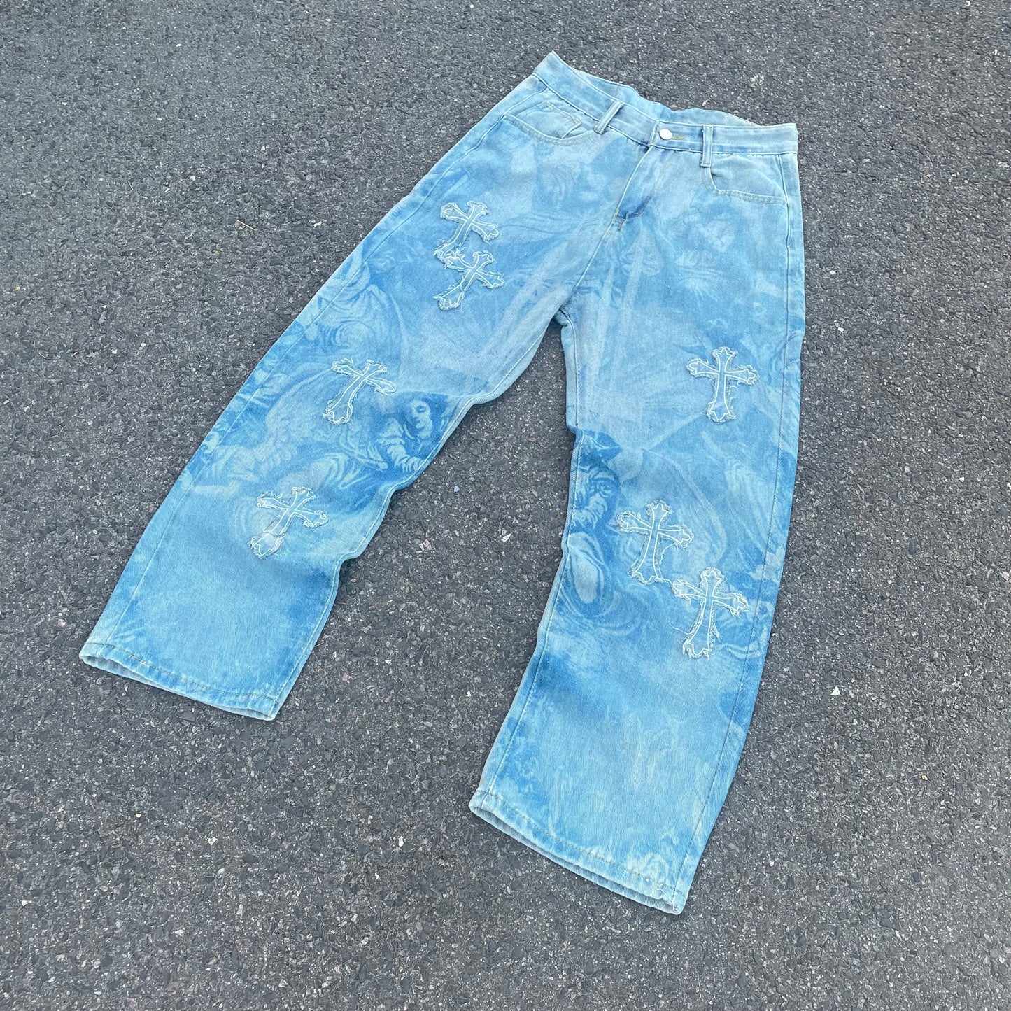 Custom Bohemian Cross Denim Pants – Blue with Patchwork/Prints | 1 of 1 Reworked Vintage