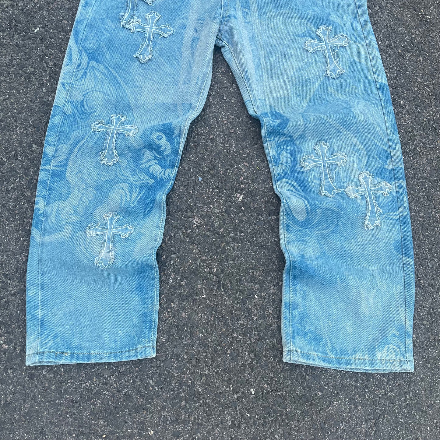 Custom Bohemian Cross Denim Pants – Blue with Patchwork/Prints | 1 of 1 Reworked Vintage