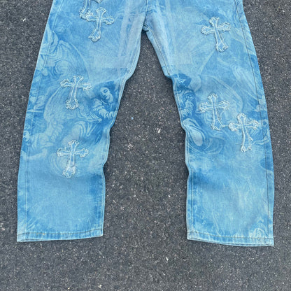 Custom Bohemian Cross Denim Pants – Blue with Patchwork/Prints | 1 of 1 Reworked Vintage