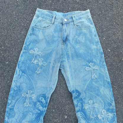 Custom Bohemian Cross Denim Pants – Blue with Patchwork/Prints | 1 of 1 Reworked Vintage