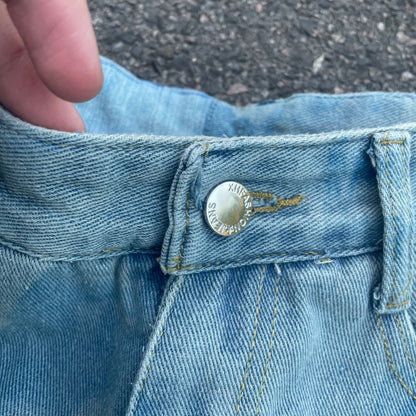 Custom Bohemian Cross Denim Pants – Blue with Patchwork/Prints | 1 of 1 Reworked Vintage