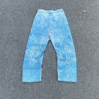 Custom Bohemian Cross Denim Pants – Blue with Patchwork/Prints | 1 of 1 Reworked Vintage