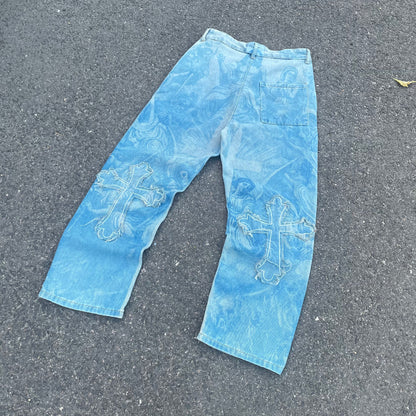 Custom Bohemian Cross Denim Pants – Blue with Patchwork/Prints | 1 of 1 Reworked Vintage