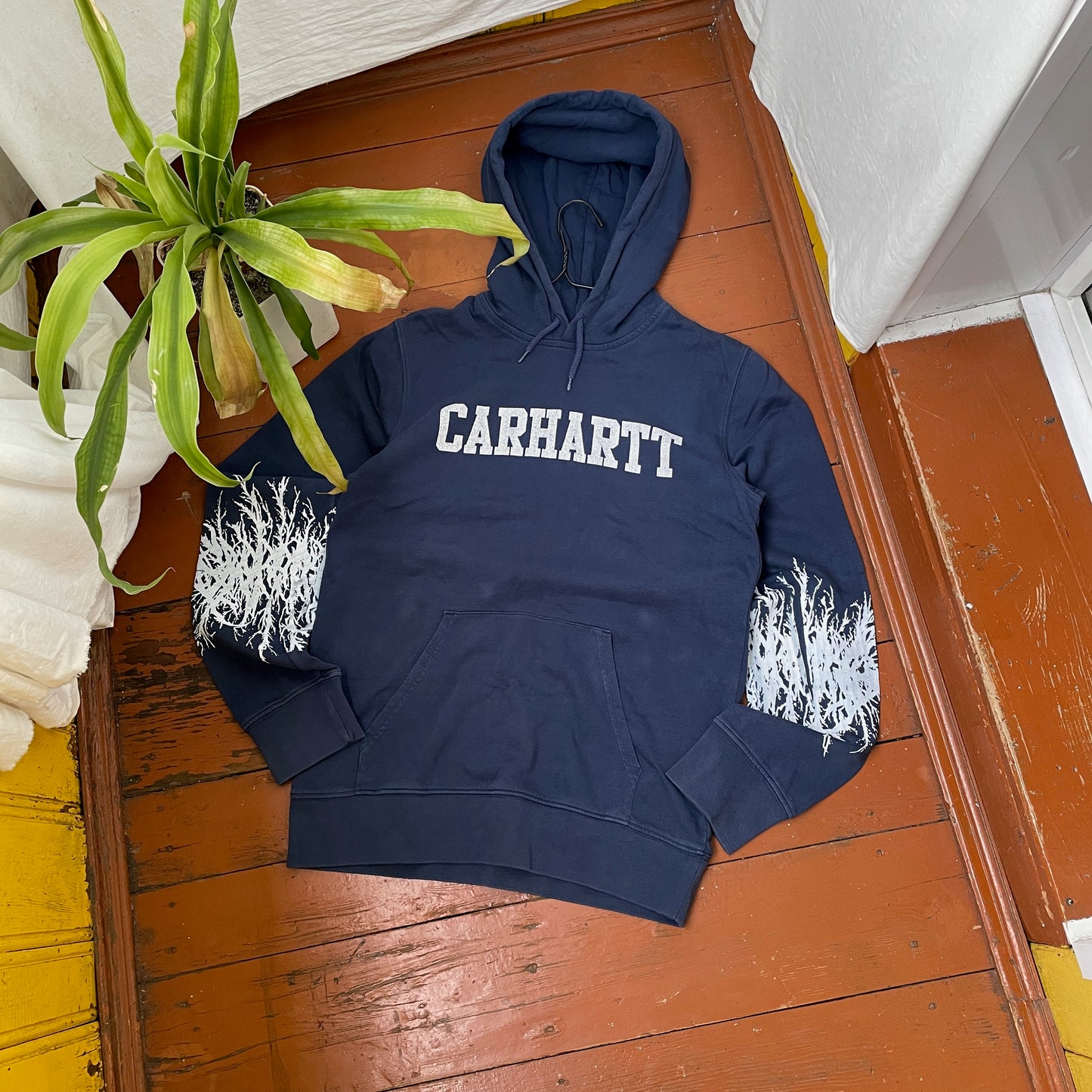Custom Carhartt Hoodie – Handprinted Roots on Sleeves | Vintage Navy Hoodie 1 of 1